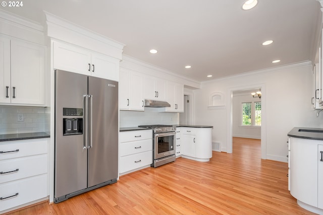 kitchen featuring light hardwood / wood-style floors, decorative backsplash, high end appliances, and white cabinetry