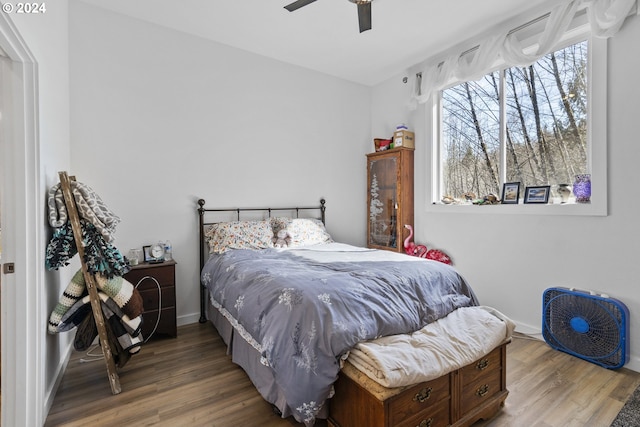 bedroom featuring dark hardwood / wood-style flooring, ceiling fan, and multiple windows