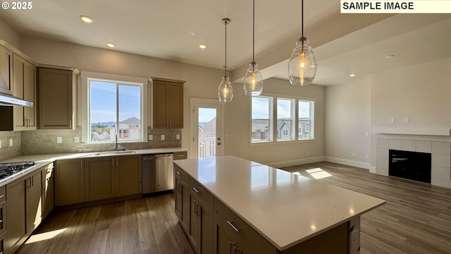 kitchen featuring plenty of natural light, decorative backsplash, dark wood-style floors, and stainless steel appliances