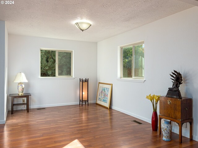 interior space featuring a textured ceiling and dark hardwood / wood-style flooring