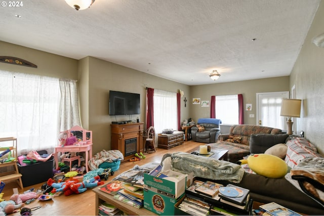 living room featuring hardwood / wood-style floors, a textured ceiling, and a wealth of natural light