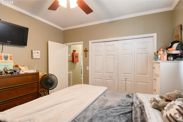 bedroom with a closet, ceiling fan, and ornamental molding