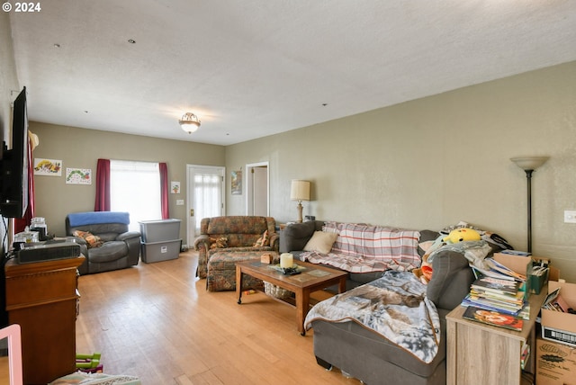 living room featuring a textured ceiling and light wood-type flooring