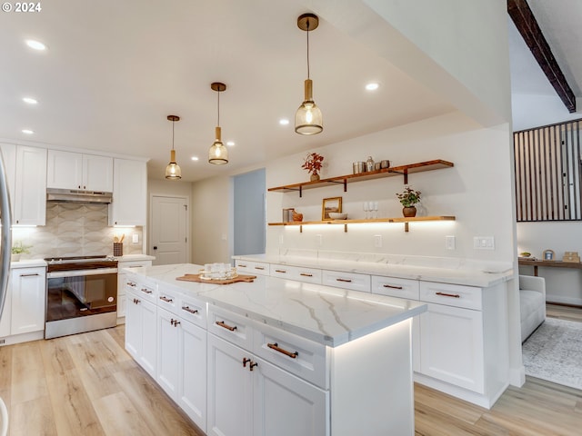 kitchen with light stone countertops, stainless steel range with electric cooktop, white cabinetry, beamed ceiling, and light hardwood / wood-style floors