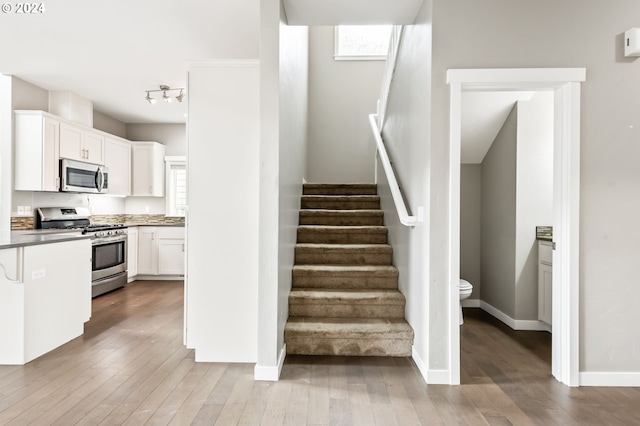 stairway with hardwood / wood-style floors, a skylight, and rail lighting