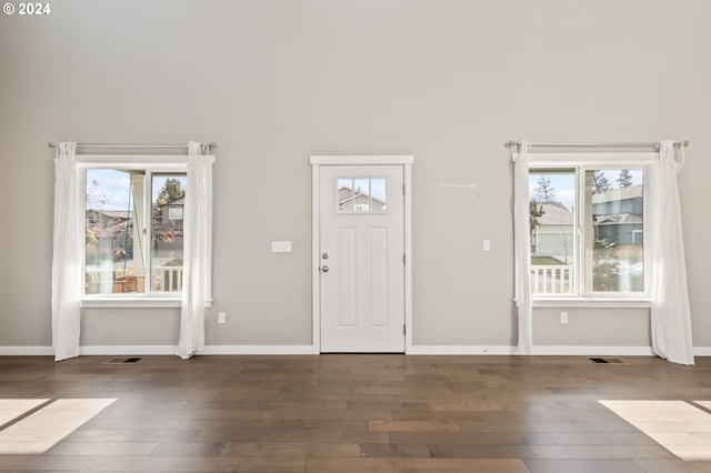 foyer entrance with a healthy amount of sunlight and dark hardwood / wood-style flooring