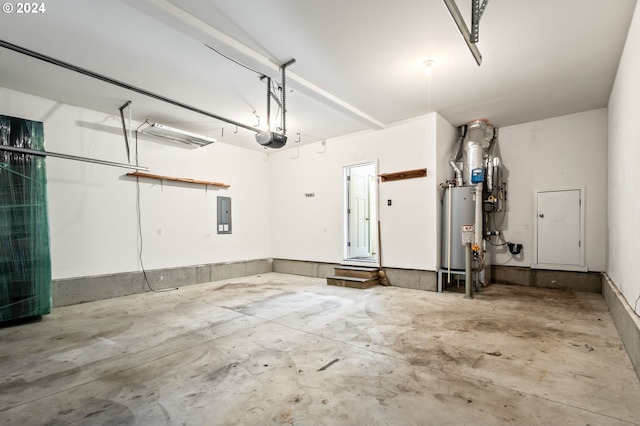 garage featuring a garage door opener, electric panel, and water heater