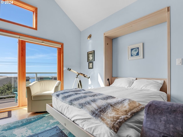 bedroom with lofted ceiling and wood-type flooring