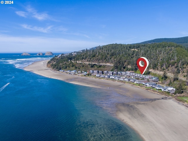 bird's eye view with a beach view and a water view