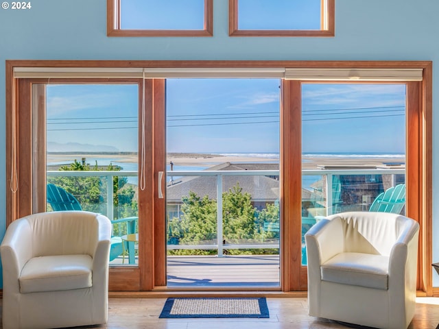 doorway to outside featuring light wood-type flooring and a water view