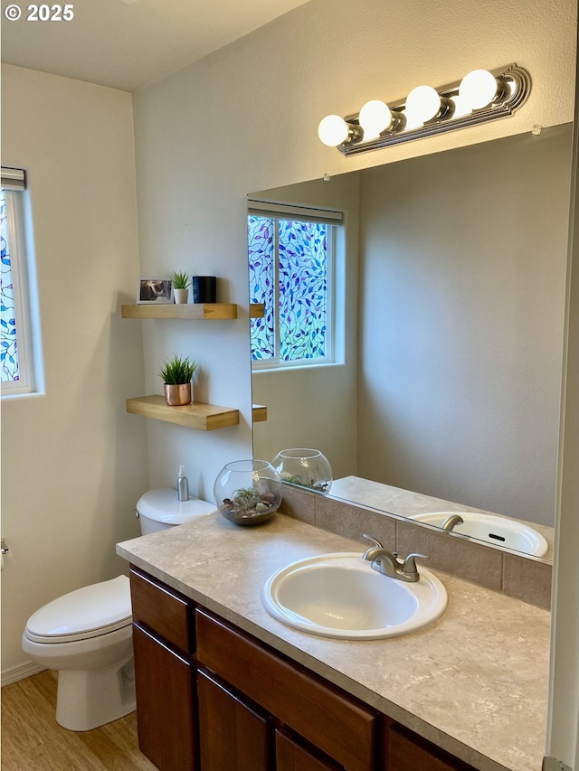 bathroom with a wealth of natural light, toilet, vanity, and hardwood / wood-style flooring