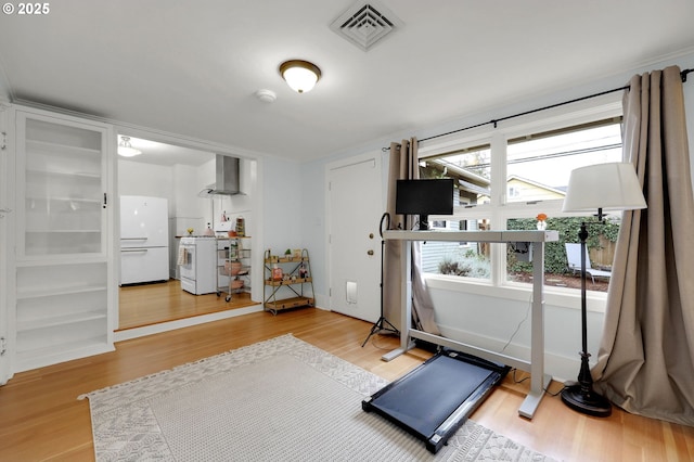 workout room with a healthy amount of sunlight and hardwood / wood-style flooring