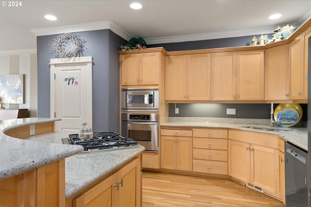 kitchen with stainless steel appliances, light brown cabinets, ornamental molding, and light stone counters