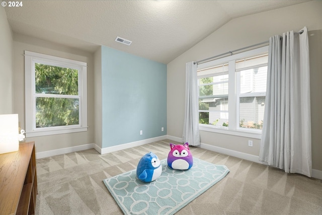 interior space featuring vaulted ceiling, a wealth of natural light, and light colored carpet