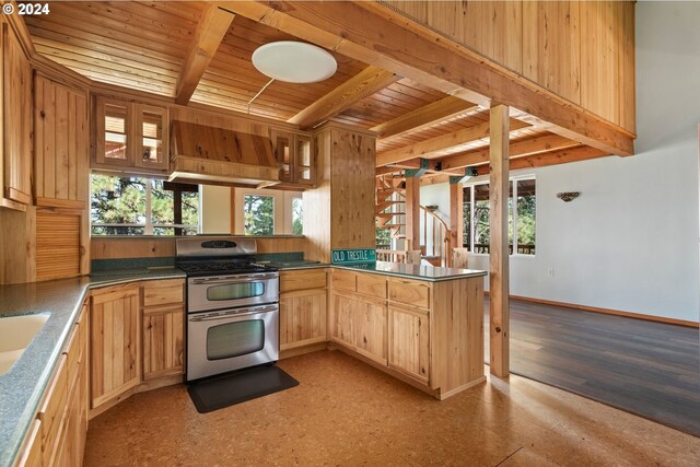 kitchen featuring wooden ceiling, light hardwood / wood-style flooring, custom range hood, beam ceiling, and gas stove