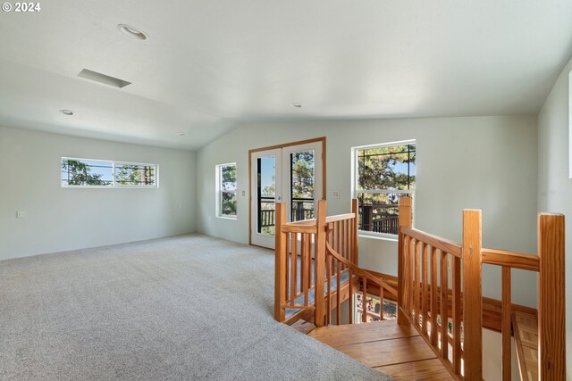 interior space with plenty of natural light, carpet, and vaulted ceiling