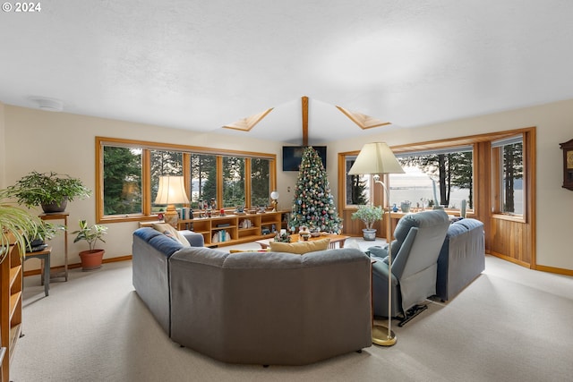 carpeted living room with a skylight