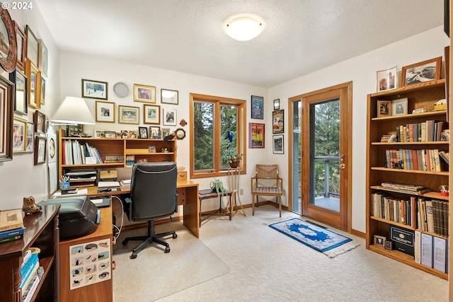 carpeted home office featuring a textured ceiling