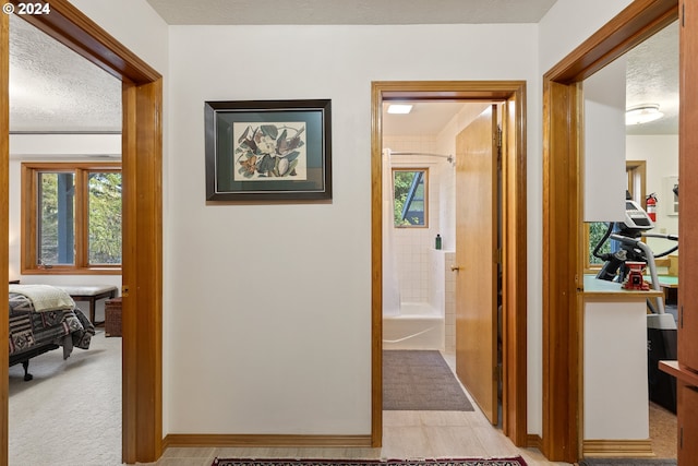 hall featuring light colored carpet and a textured ceiling