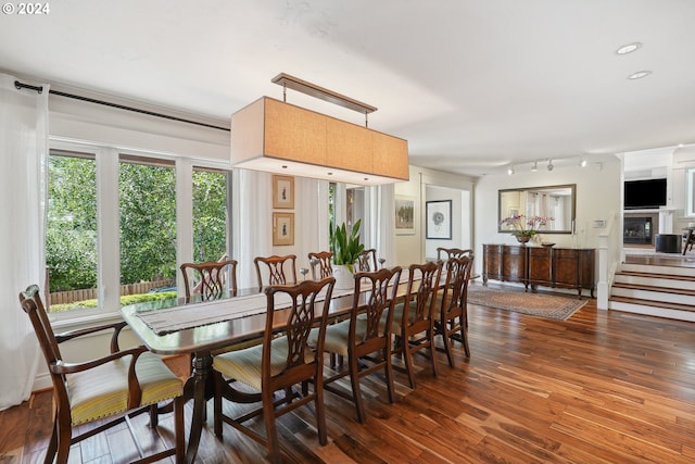 dining space with dark hardwood / wood-style floors