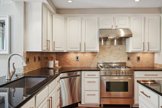 kitchen with backsplash, white cabinetry, sink, and stainless steel appliances