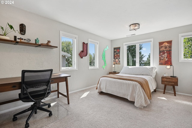 bedroom with light colored carpet and multiple windows