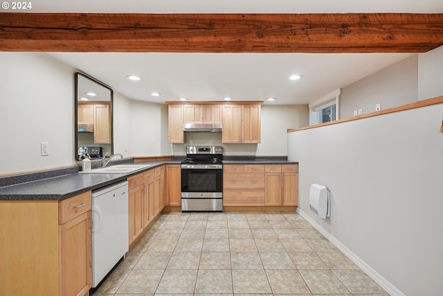 kitchen featuring kitchen peninsula, light brown cabinetry, sink, electric range, and dishwasher