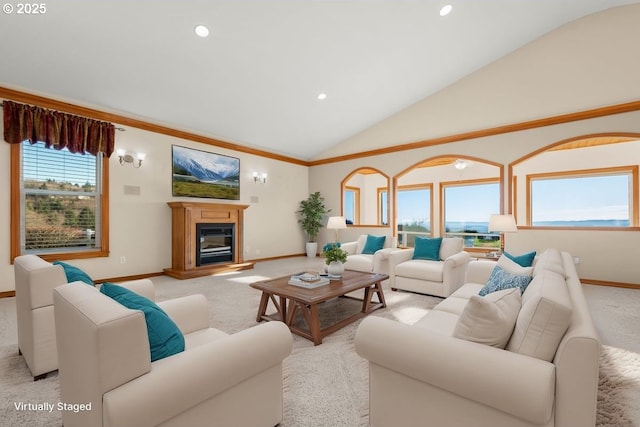 living room featuring light carpet and vaulted ceiling