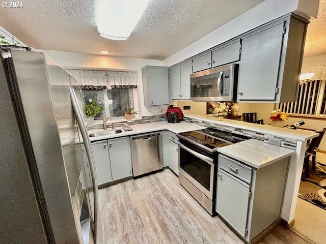 kitchen with gray cabinetry, sink, light wood-type flooring, a textured ceiling, and stainless steel appliances