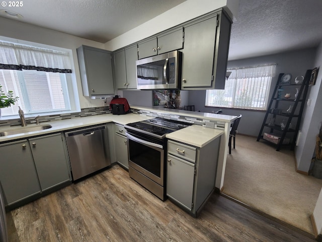 kitchen with sink, appliances with stainless steel finishes, gray cabinets, and a textured ceiling