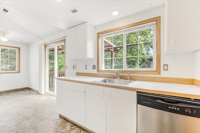 kitchen with white cabinets, dishwasher, a healthy amount of sunlight, and sink