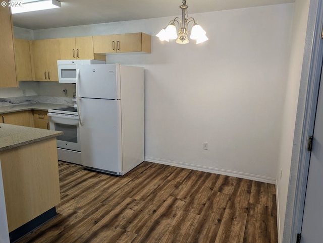 kitchen with white appliances, dark wood-style flooring, light countertops, light brown cabinetry, and pendant lighting