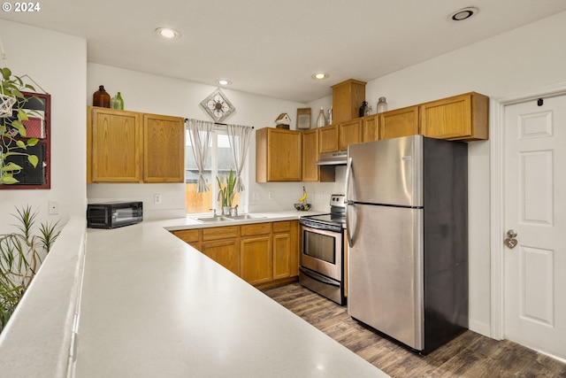 kitchen featuring dark wood-type flooring, sink, and stainless steel appliances