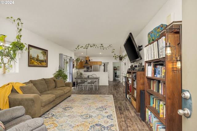 living room with dark hardwood / wood-style floors