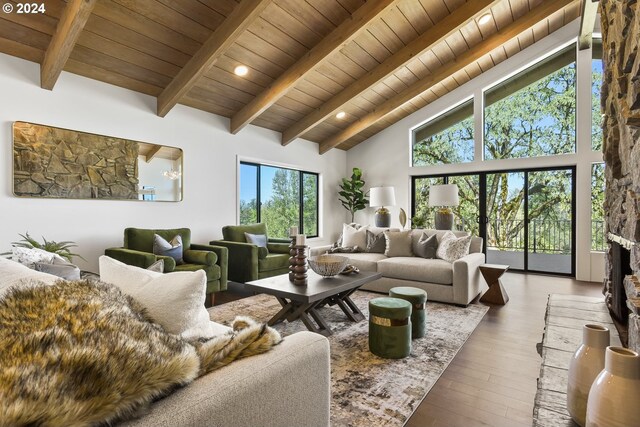 living room featuring hardwood / wood-style floors, wooden ceiling, and high vaulted ceiling