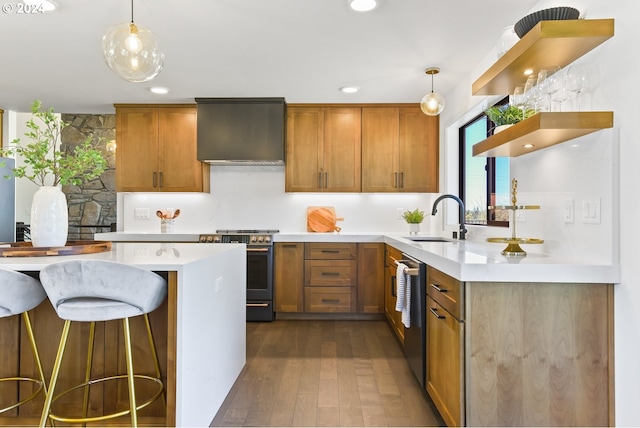 kitchen featuring appliances with stainless steel finishes, premium range hood, hanging light fixtures, and dark wood-type flooring