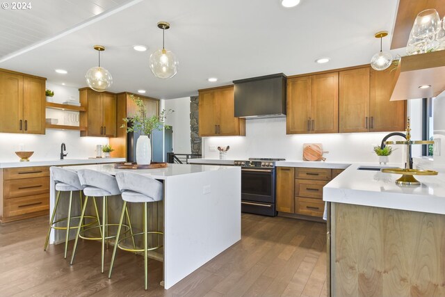 kitchen featuring a center island, premium range hood, sink, electric range, and dark hardwood / wood-style flooring