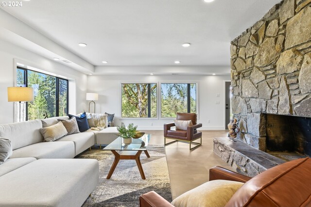 living room featuring plenty of natural light, light hardwood / wood-style floors, and a fireplace