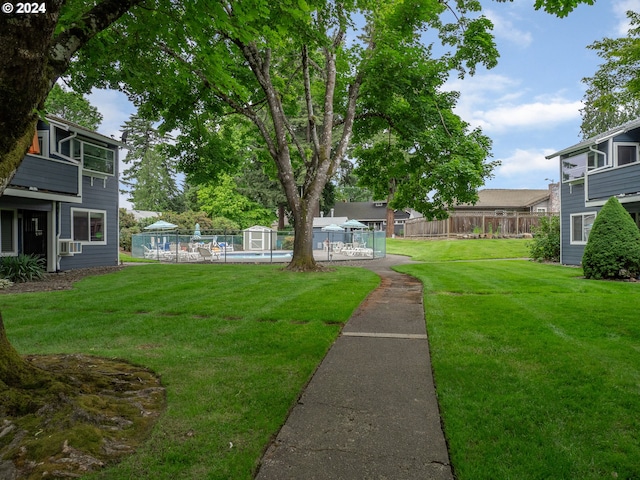 view of yard featuring a fenced in pool and cooling unit