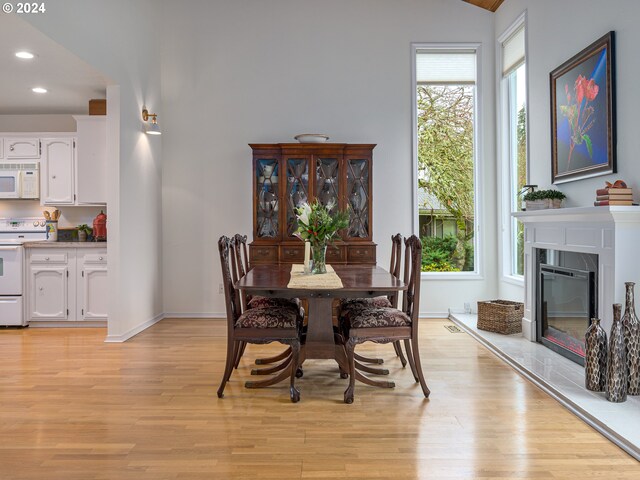 dining room featuring a fireplace and light hardwood / wood-style flooring