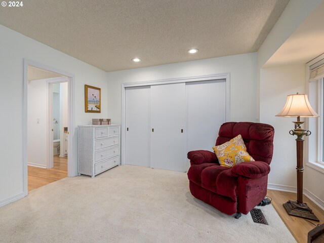 sitting room with light carpet and a textured ceiling