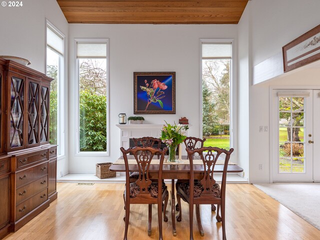 dining room featuring vaulted ceiling, plenty of natural light, and wood ceiling