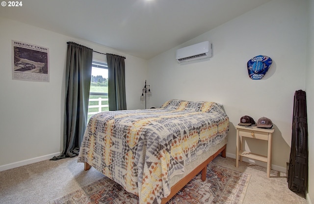 bedroom featuring carpet, an AC wall unit, lofted ceiling, and baseboards