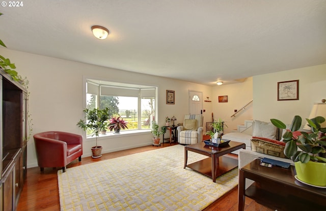 living area featuring stairs and wood finished floors