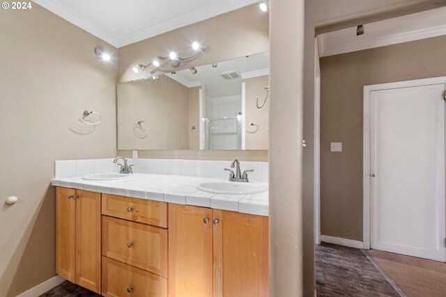 bathroom featuring crown molding, vanity, and a shower with shower door