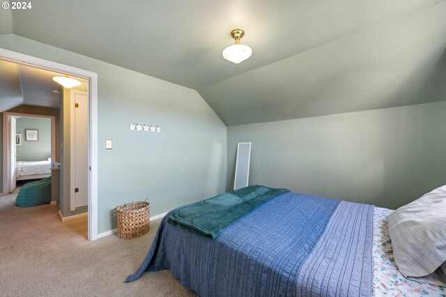 bedroom featuring lofted ceiling and carpet