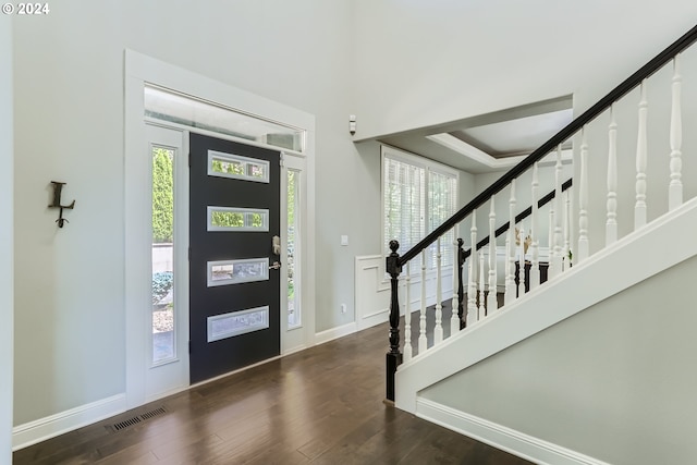 foyer featuring dark hardwood / wood-style floors, a wealth of natural light, and a tray ceiling