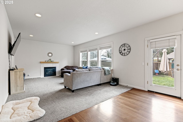 living room featuring a wealth of natural light, a fireplace, recessed lighting, and wood finished floors