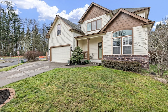 view of front facade with a garage, concrete driveway, a front lawn, a porch, and brick siding