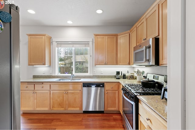 kitchen with wood finished floors, stainless steel appliances, a sink, and light brown cabinetry